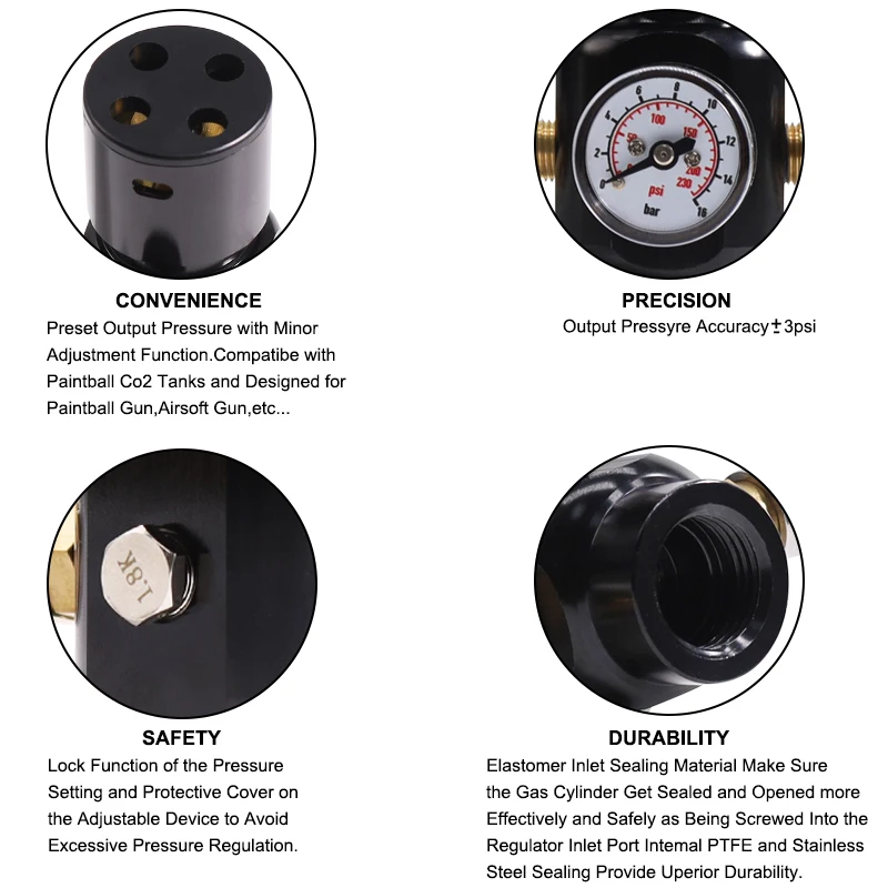 Double 8mm Female QuicK Plug Mini CO2 Regulator Outer Pressure for Pneumatic Tools Sport Paintball Game