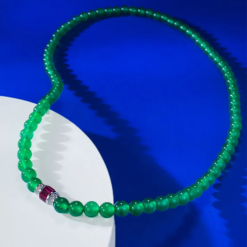 Chalcedone Beads String Ice Imperial Green Silver Inlaid Pendant With 6mm Full String Necklace 50cm