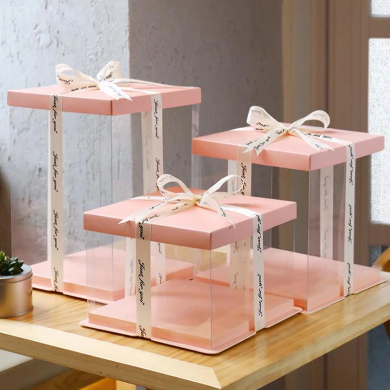 
Luxury Custom PET tall transparent cake box packing swiss roll clear plastic cake box transparent 3 in 1 cake box 