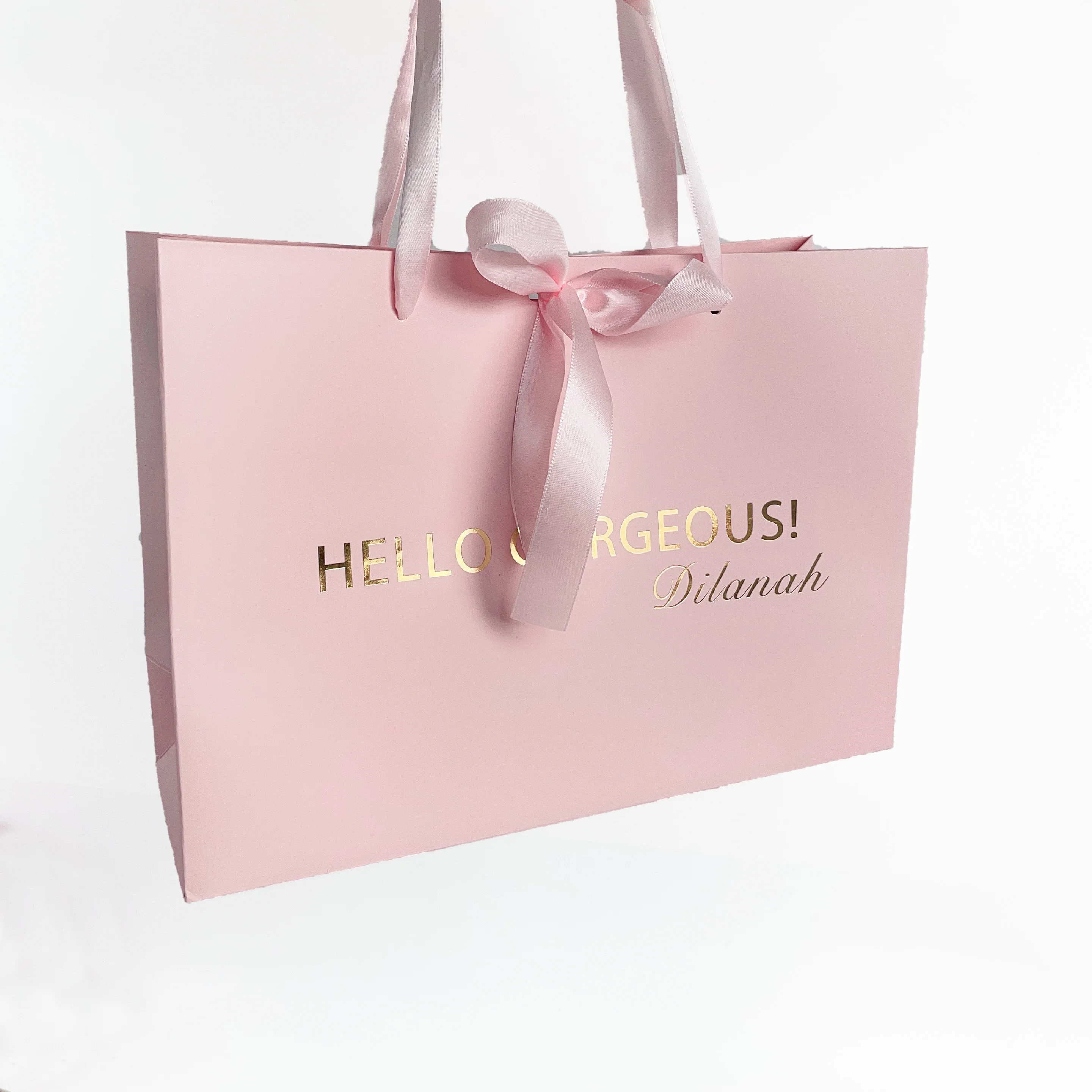 Роскошный розовый бумажный пакет с логотипом на заказ упаковка для ювелирных изделий париков одежды платьев свадебных подарков сумки покупок бантом