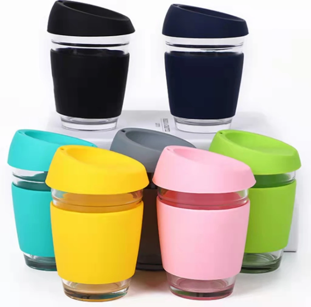 High Material 8oz 227ml Glass Coffee Mug Travel Mug with Lid Silicone Sleeve Glass Coffee Cup