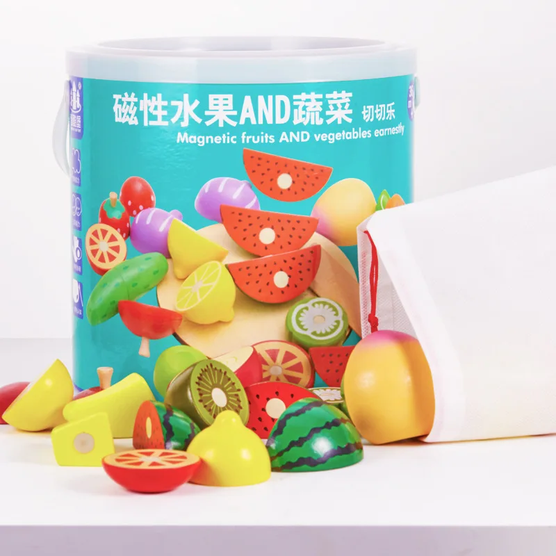 
Barreled magnetic wooden vegetables and fruits cut toys simulation kitchen play house toys 