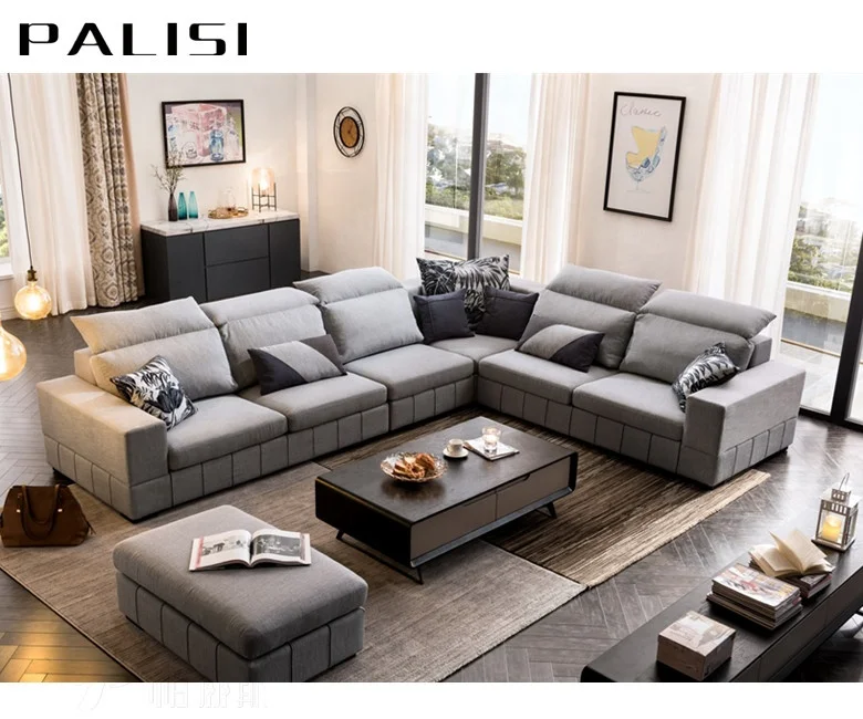 Modern Big House Living Room Fabric Sectional Sofa Set L shape Villa Corner 10 Seat Cushion Sofa+Ottoman Couch Set