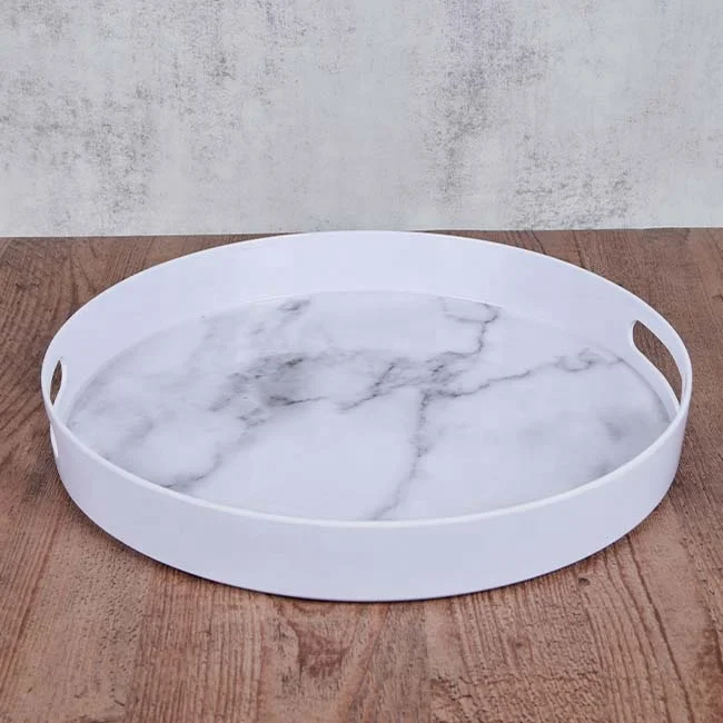 Round Shape White Marble Pattern Plastic Serving Trays Melamine Trays With Handle