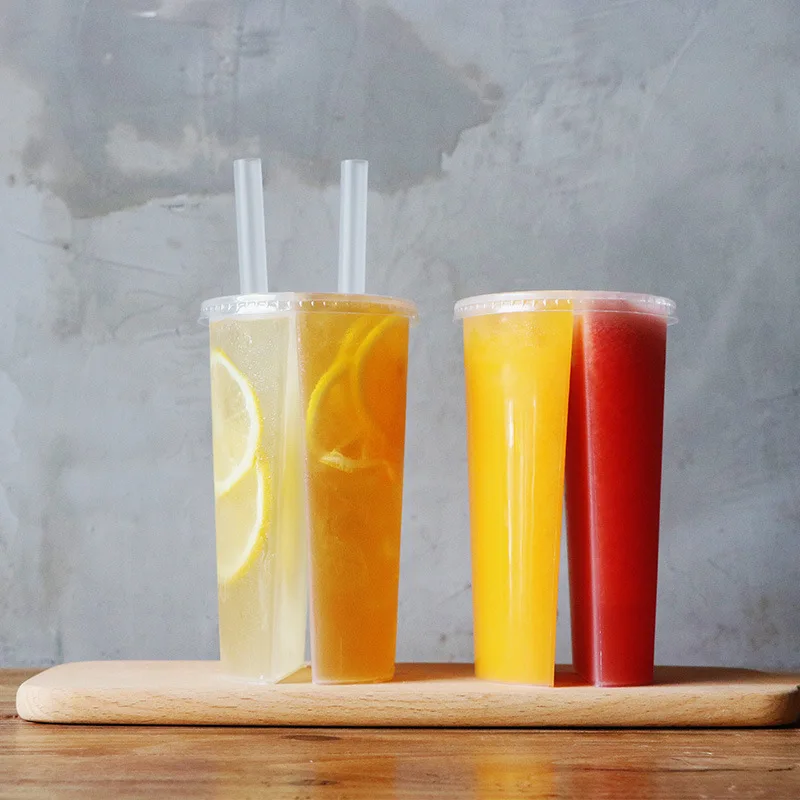 100 pcs 700 ml disposable 3 compartments PP plastic cup Share twin Plastic Milk Tea Cup with lid