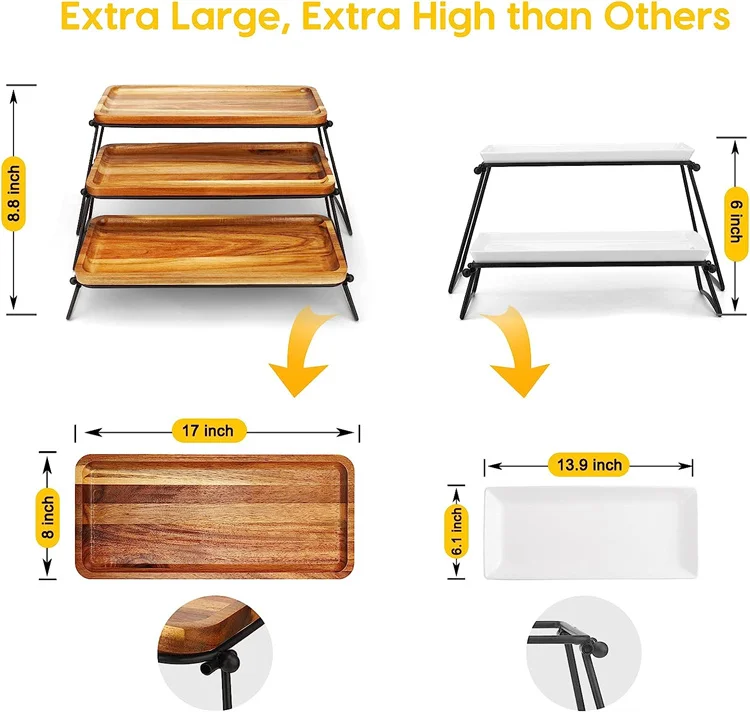 acacia wood foldable 3 tier serving tray for party