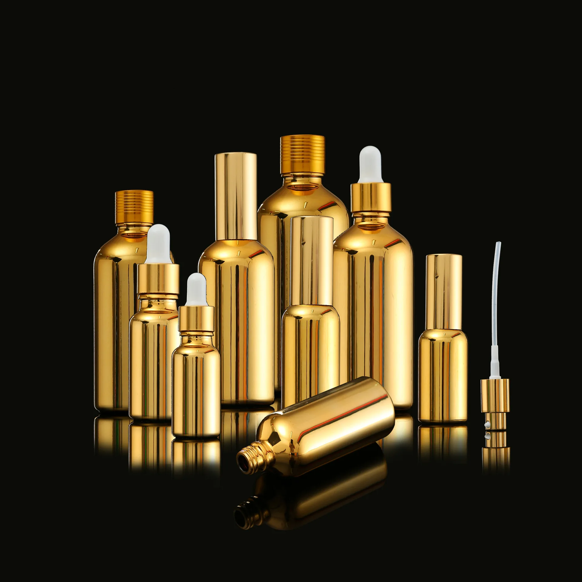 Luxury  Gold Sliver Glass Essential Oil Bottle With Dropper Cosmetic Packaging  Roller Cream Jar Set Skin Suit