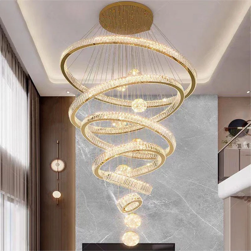 Customized Modern Gold Crystal Villa Pendant Light Luxury Hotel Circle Staircase Light Glass Ball LED Chandeliers Pendant Lights