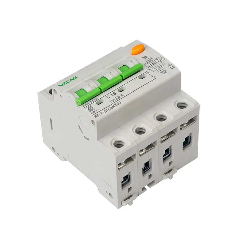 VECAS 3P+N 25A RCBO RCCB Circuit Breaker High Standard Plastic Silver Copper 30ma HSL7 Series 230/415V IEC60898 CE CB ISO9001
