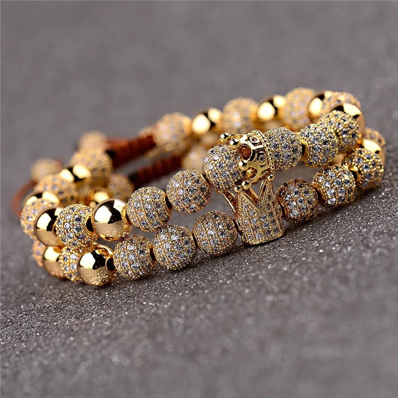 Micro Pave CZ King Crown Braided Macrame Bracelet luxury CZ Diamond Ball 2 Designs  Charms Women and Men Macrame Bracelet Set