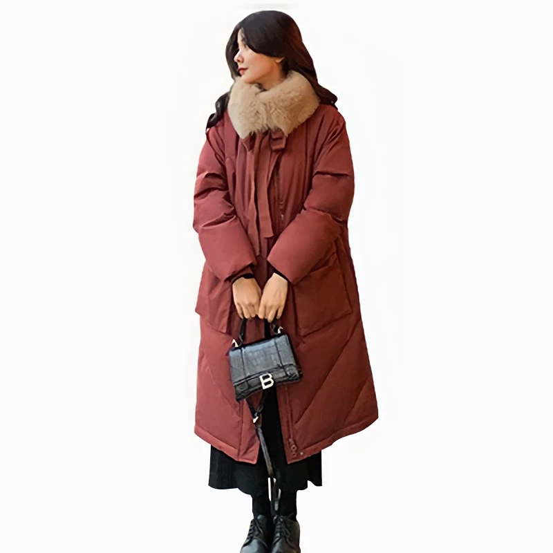 High Quality Winter New Big Fur Collar Mid-Length Red And Blue Thick Coat  Down Jackets