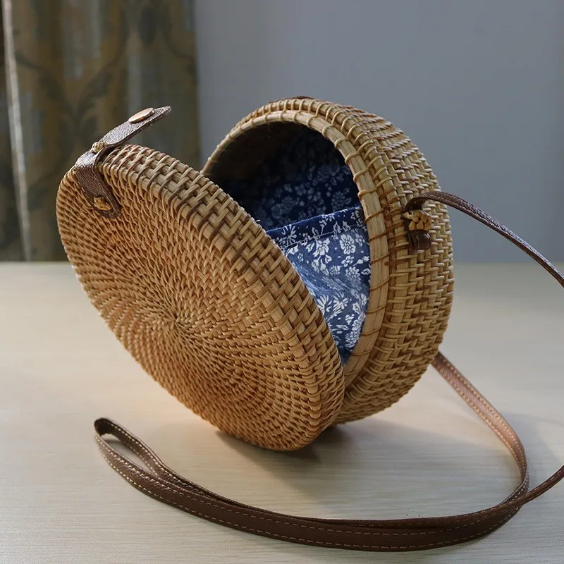Handwoven Round Rattan Bag Shoulder Leather Straps Natural Crossbody Summer Beach straw bag