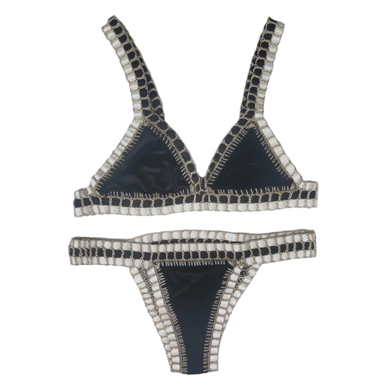 Black Crochet  Velvet Bikini Set Sexy Swimwear Triangle Bathing Suit New Swimsuit