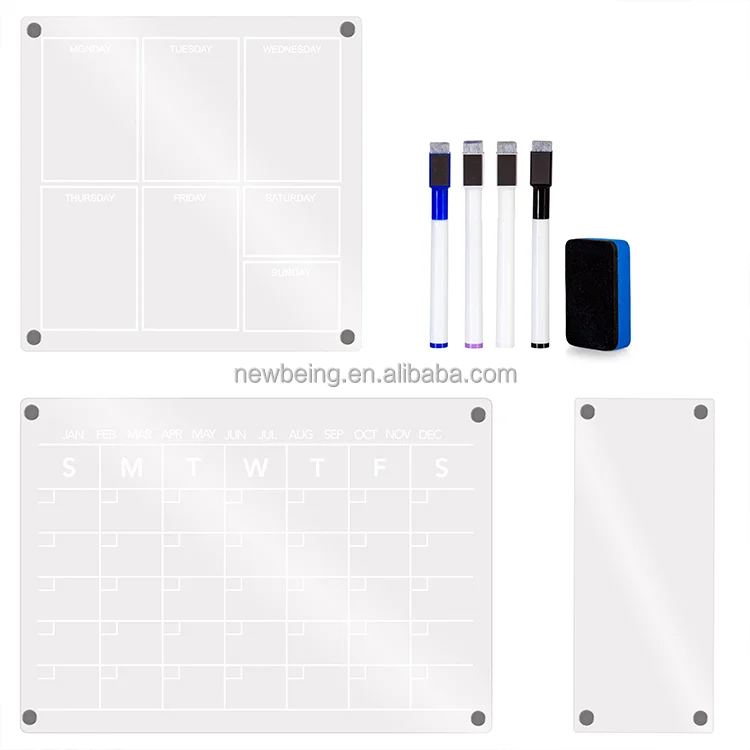 Set of 3 Planning Dry Erase Board Clear White Month and Week Planner Acrylic Magnetic Memo Calendar for Fridge