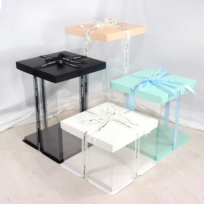 Wholesale Tall Transparent Plastic PVC Clear Cake Box Square Wedding Popular Bakery Pink 4 Inch Rectangle Cake Packaging Box