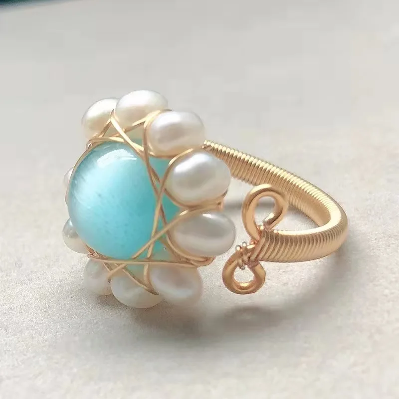 Ручная работа 14K позолоченные жемчужины исцеляющий Кристалл Камень Нефритовая проволока бисерные кольца регулируемые открытые пальцы ювелирные изделия