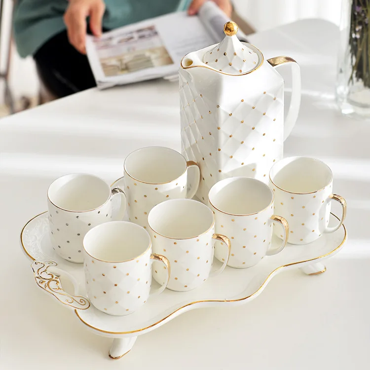 8pcs Ceramic Coffee Cup Saucer Set Colored Glaze Luxury Gold Rim Porcelain Teapot Cup Ceramic Coffee Pot Tea Cup Set With Tray