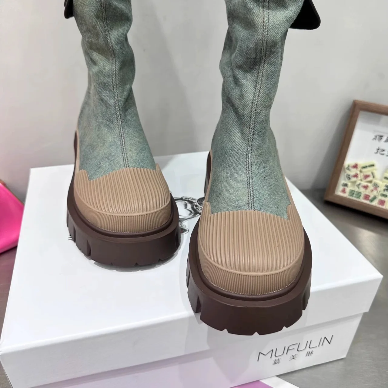 PDEP  denim boots women shoes 2023  New Canvas Thick Sole Round Head Comfortable ladies knee high long boots