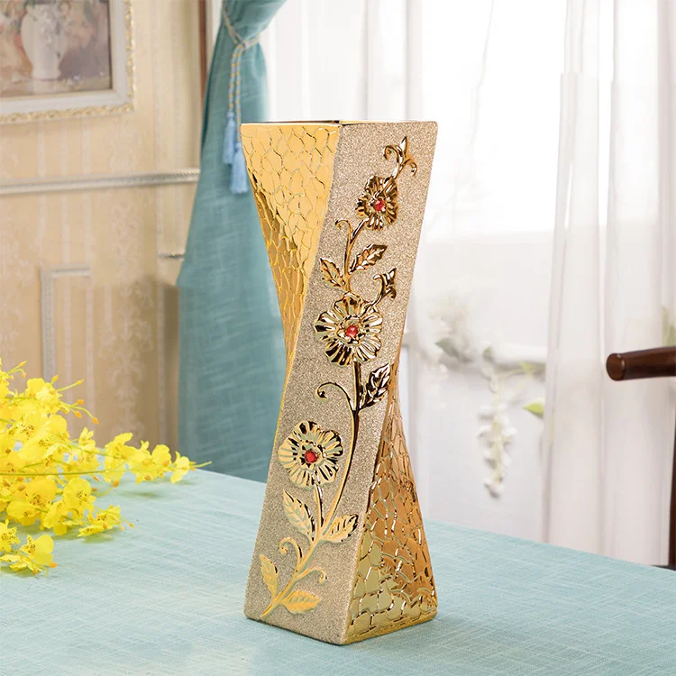 European Vase Decoration TV Cabinet Golden Flower Arrangement 60cm Floor Ceramic Vases