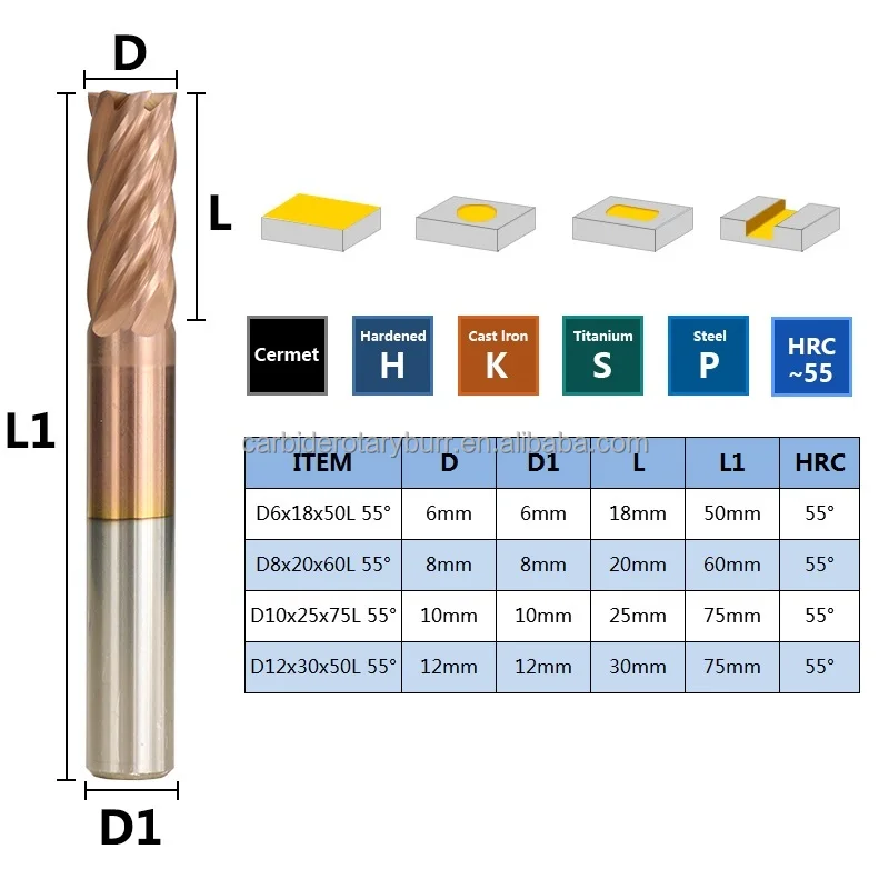 100% New Raw Material Tungsten Carbide Milling Cutter 6 Flutes Cnc Router Bit Ticn Coating Hrc 55 End Mill 6/8/10/12mm End Mills