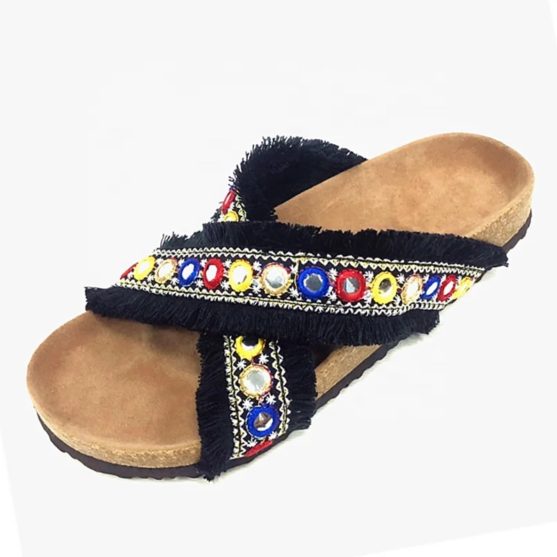 New Arrival Fancy and Fashion Denim Fringes Tassels Cross Straps Women Sandals with bling bling decoration