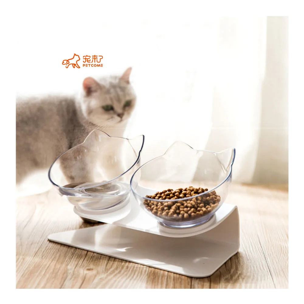 PETCOME Factory New Design Cat Shape Transparent 15 Degree Tilted Raised Double Cat Bowl With Plastic Stand