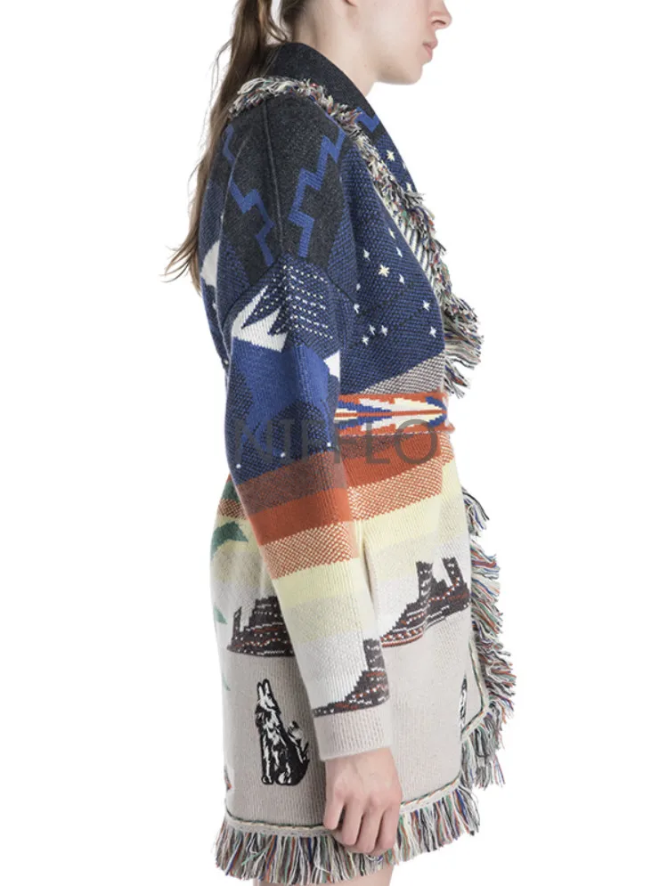 Women Winter Vintage Wolf Printed Long Sleeves Plus Size Cashmere Sweater Cardigan