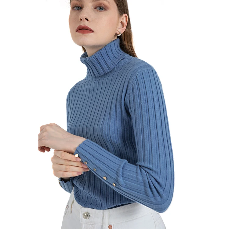 Most Good Feedback Product Top Quality Delicate Blue turtle Neck Knitted Pullover Sweater
