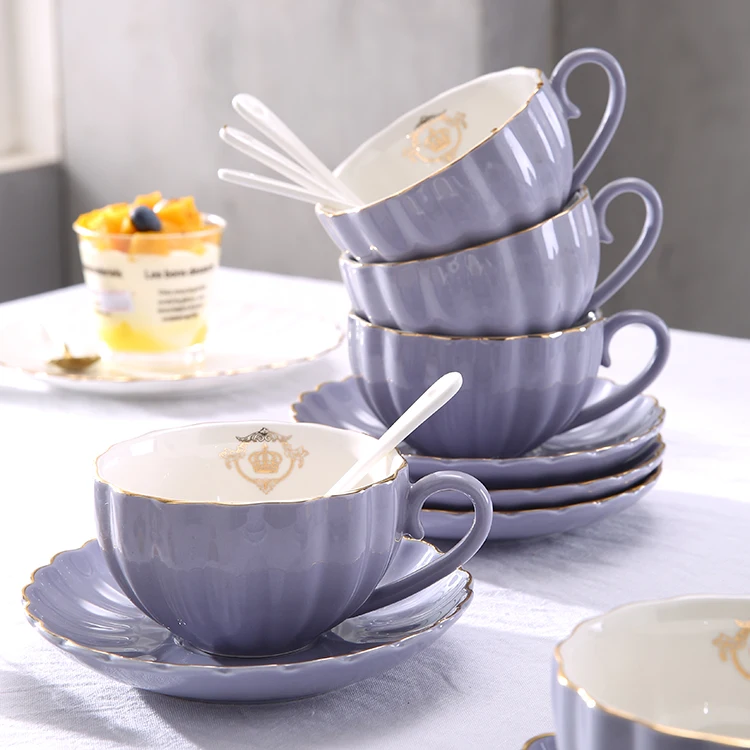 High quality porcelain flower shape gold rim decor custom color ceramic turkish coffee cups saucers tea cup sets