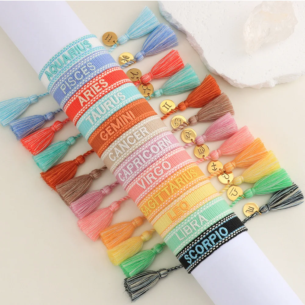 Bohemia zodiac embroidery handmade friendship braided wrap woven polyester thread woven tassel bracelet for women