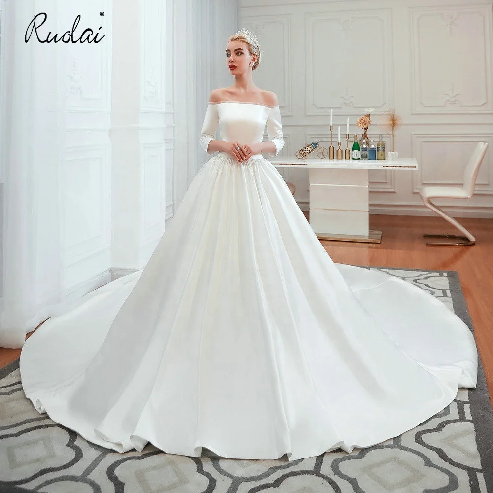 Ruolai ASA39353 Off the Shoulder Lace Bride Dress Satin A-Line 3/4 Sleeves Long Weeding Gown Wedding Dress Bridal