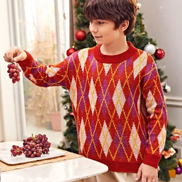 
Boys Christmas Drop Shoulder Argyle Pattern Funny Custom Fleece Sweaters Pullovers 