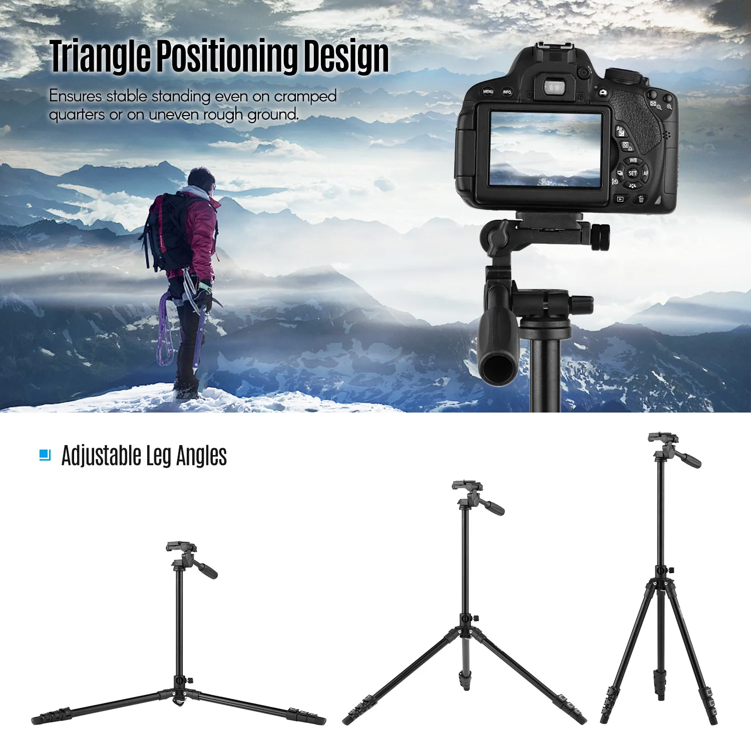 Andoer Q160HA 3-Way Pan & Tilt Head Horizontal Mount Professional Camera Tripod Stand