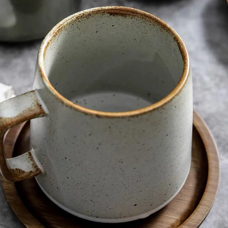 wholesale reactive glaze japan style vintage custom 360ml stoneware cup ceramic tea coffee mug with wood saucer