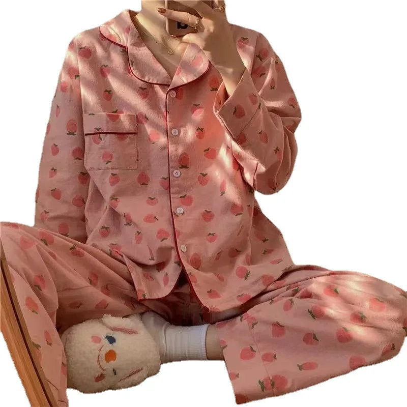 Ins Style Sweet Girl Long Sleeve Pajamas Summer 2 Pcs Sleepwear Suit With Lot Of Printed Patterns