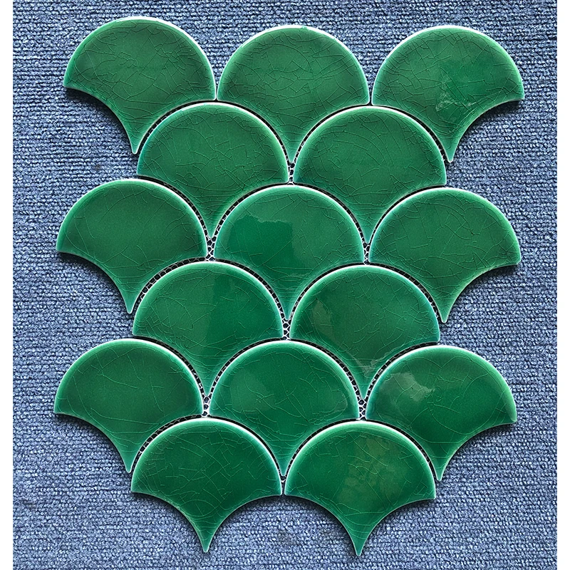 glazed green color fan tile wall decoration fish scale shape for hotel washroom OEM high quality gloss porcelain
