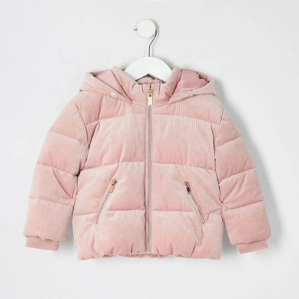 Baby girls pink cord padded coat with detachable faux fur trim hood kids winter thick warm jacket