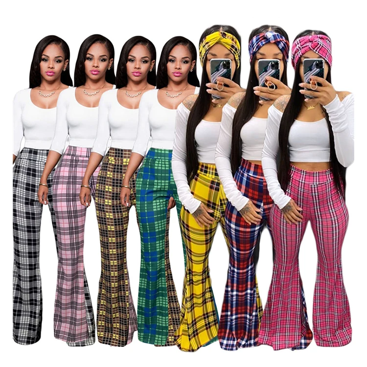 Y5161A-clothing vendors fall clothing for women plaid pants women flare pants