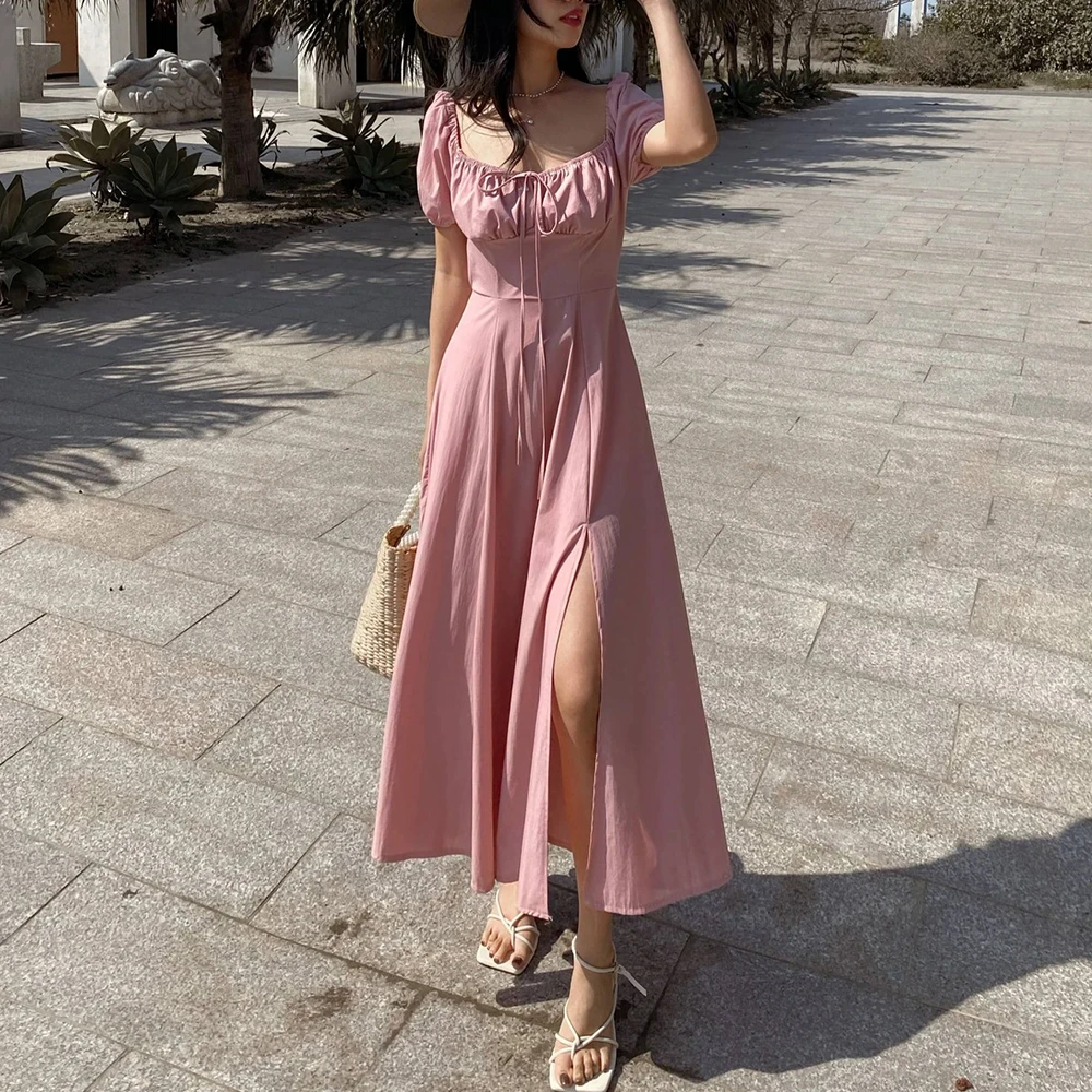 Ladies Formal Elegant Maxi Dress Square Collar Short Sleeves Pink Cotton Printed Casual Party Style Sexy Midi Summer Day Outfits