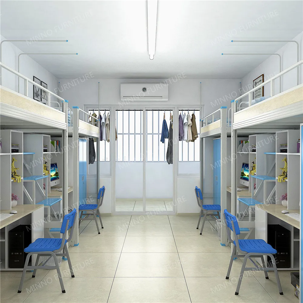 Modern Dormitory Metal Double Bunk Bed with Desk and Wardrobe