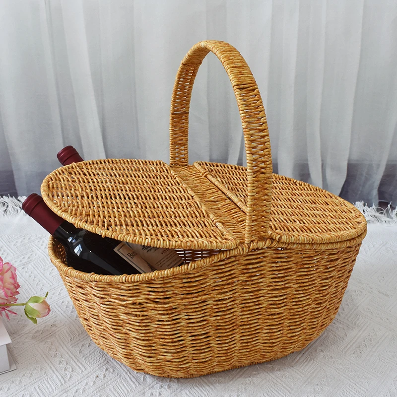 Handmade PP Plastic Picnic Basket Rattan Woven Storage Style with Lid Wholesale Wicker Picnic Basket