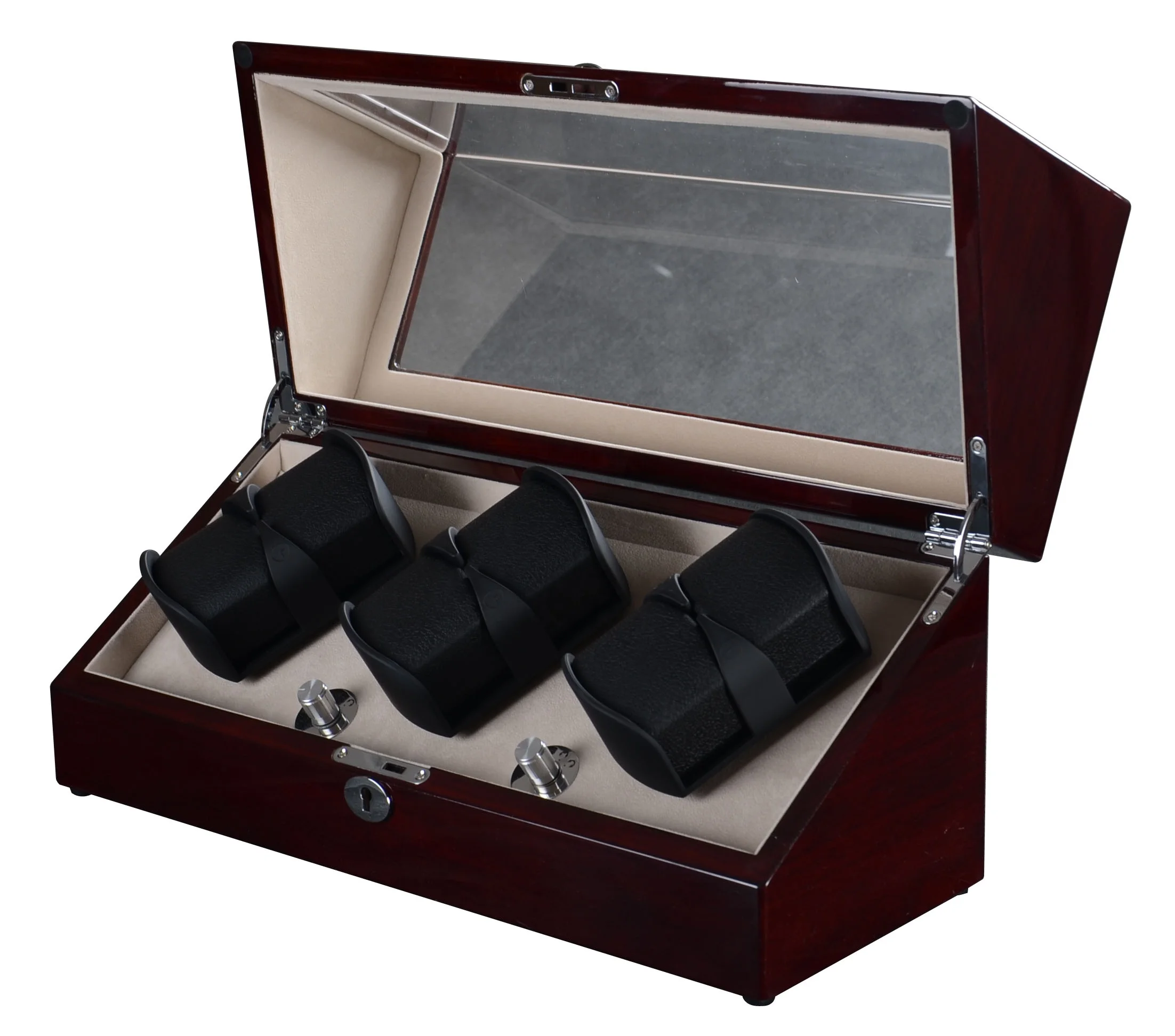 2024 New Design Modern Super Silent Stepping Motor 6+6 Watch Winder Case Wooden Box With Flexible Plush Pillow