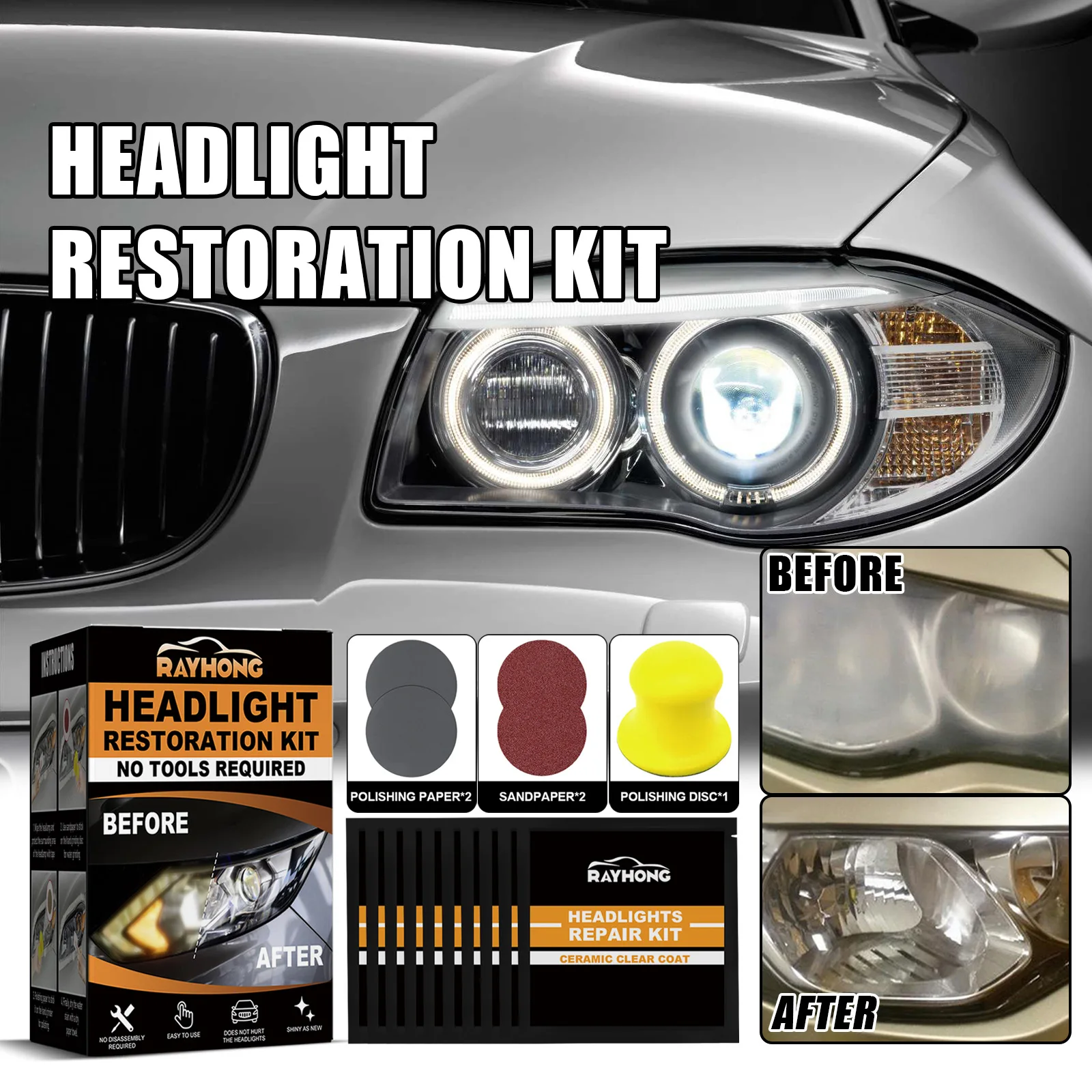 Rayhong car headlight restoration kit yellow blurry oxidated headlight repair kit scratches repairing set for car headlight
