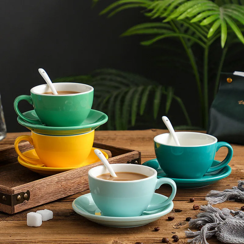 New trend customize ceramic 300ml colored coffee cups saucers set americano latte cup and saucer for cafe shop