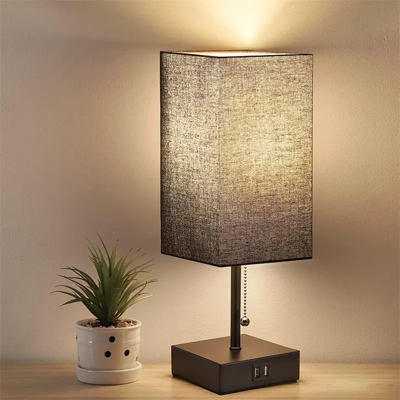 pull chain switch fabric shade  bedroom table lamp  Small Night Stand Light Lamp with USB charging port
