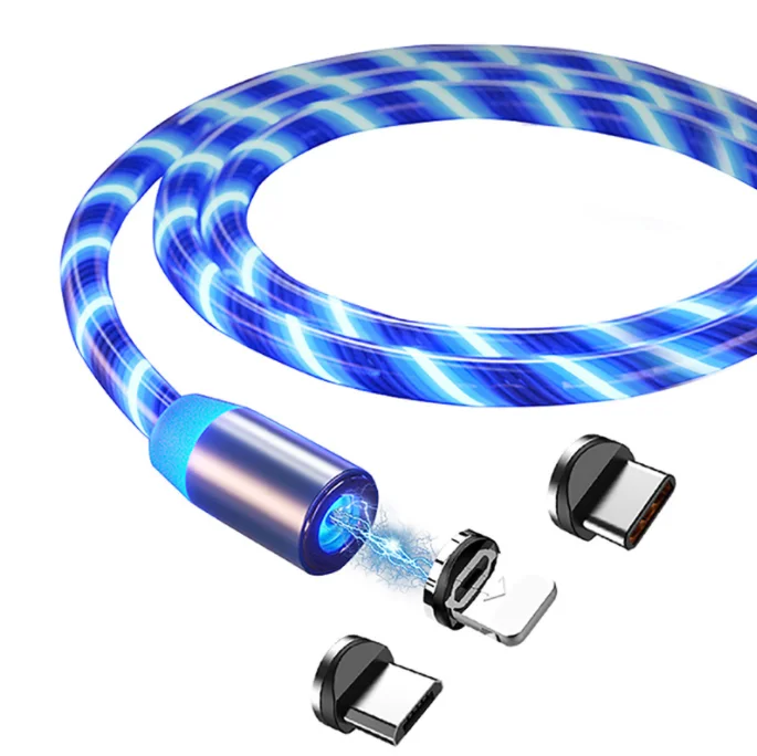 Wholesale Magnetic Fast Charging USB Cable Flowing Light 3 IN 1 Cable USB Led Luminous USB Cable