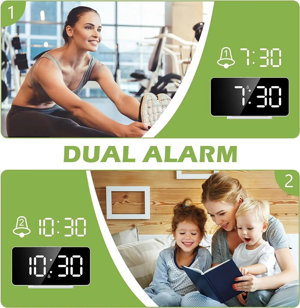 LED Snooze Clock 2 Alarms Digital Mirror Screen Time Date Display Electronic Clock USB Charging Photosensitive Digital Clock