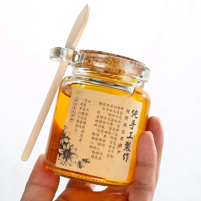 In Stock 8oz 250ml Storage Jar Food Packing Container Round Empty Clear Glass Honey Jar Bath Salt Jar with Wooden Cork and Spoon