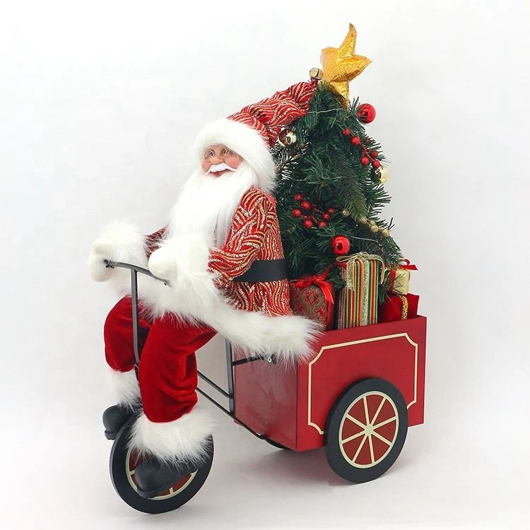 50cm LED Santa Claus Plush Toy Sitting On Sled Christmas Figurines With Gift Bags Red Tricycle Cycling Santa Claus Sleigh