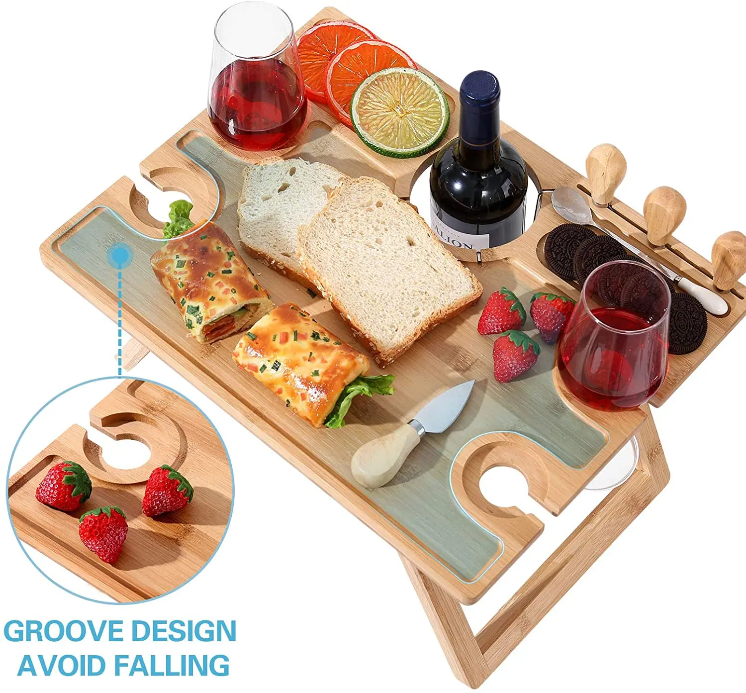 Bamboo Folding Picnic Table With Wine Holder And Wine Glass Holder Foldable Bamboo Collapsible Portable Snack Table